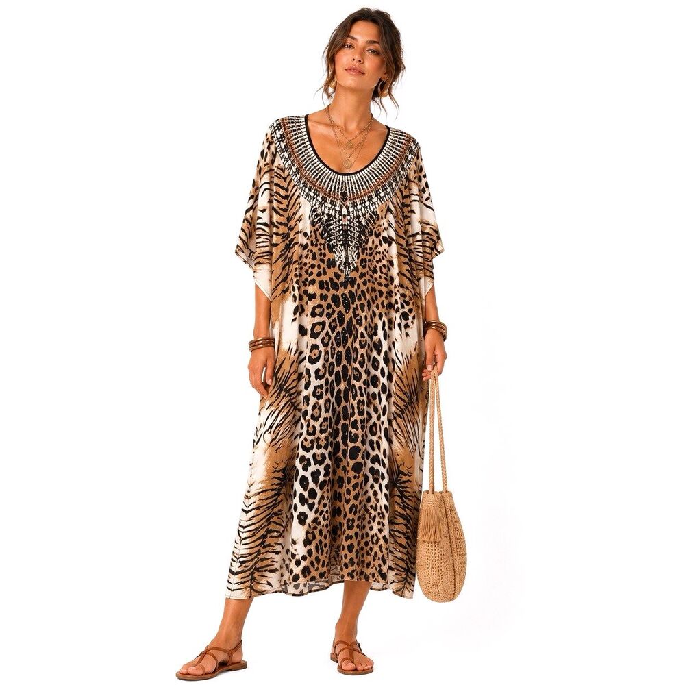 Step In Style One Size Women Kaftan Dress Leopard Print Maxi African Style Boho